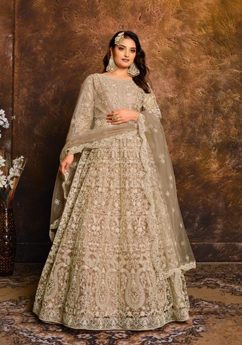 Mehendi Embroidered Net Anarkali Kurta Set