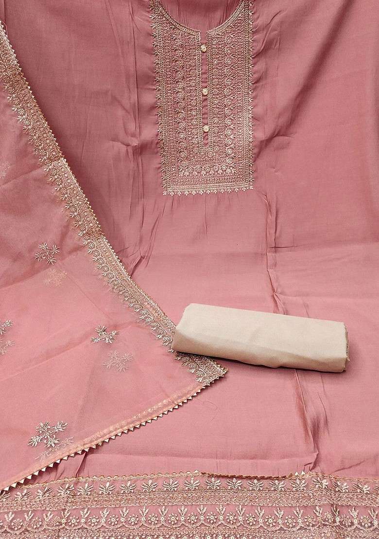 Peach Embroidered Blended Straight Kurta Set - Indya