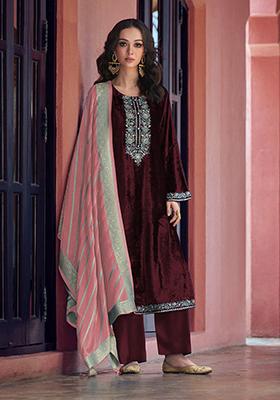 Maroon Zari Sequin Embroidered Velvet Kurta Set