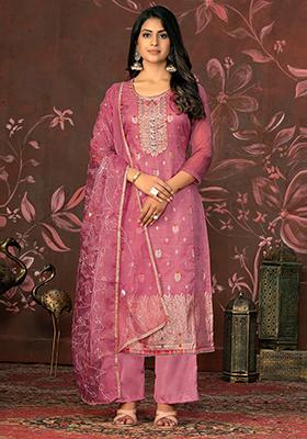 Pink Woven Poly Blend Kurta Set