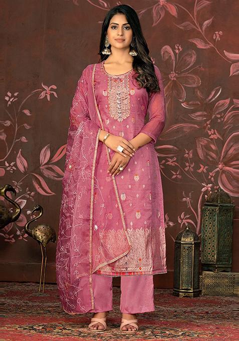 Pink Woven Poly Blend Kurta Set