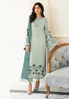 Sky Blue Embroidered Faux Georgette Kurta Set