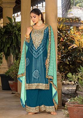 Teal Blue Embroidered Art Silk Kurta Set