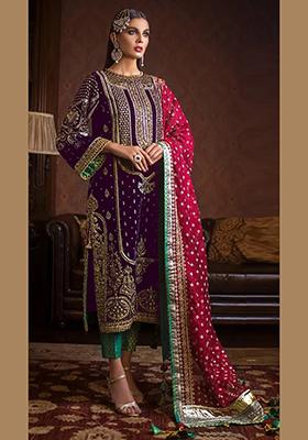 Purple Embroidered Velvet Kurta Set