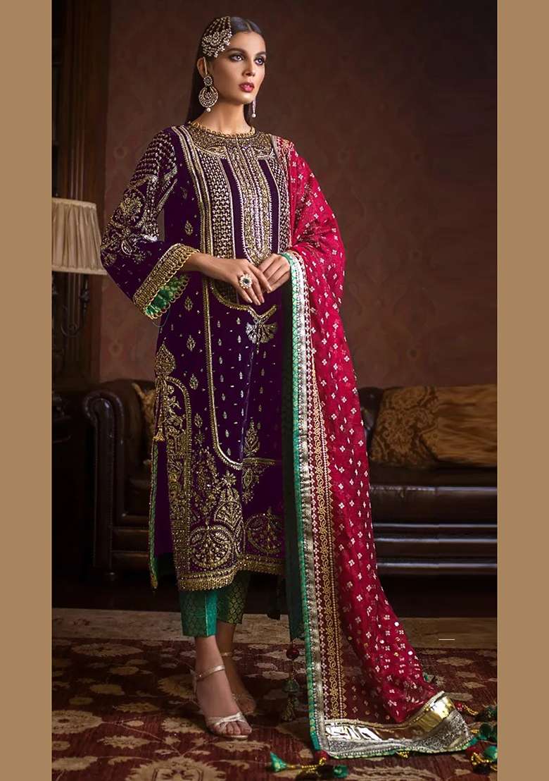 Purple Embroidered Velvet Kurta Set - Indya