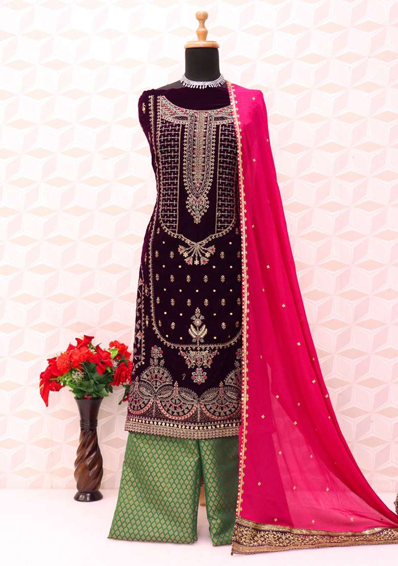 Purple Embroidered Velvet Kurta Set - Indya