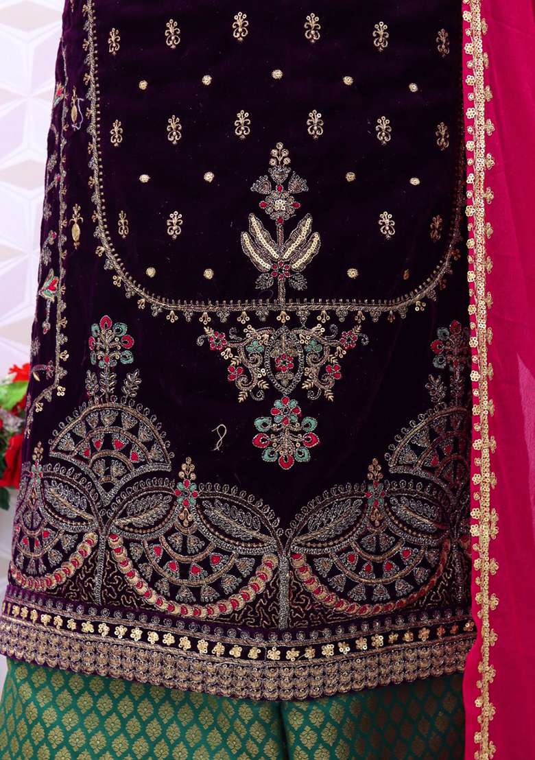Purple Embroidered Velvet Kurta Set - Indya
