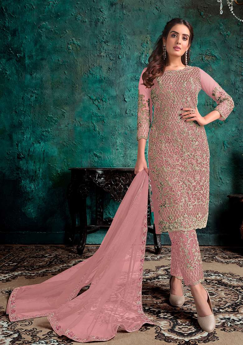 Light Pink Zari Sequin Embroidered Net Kurta Set - Indya