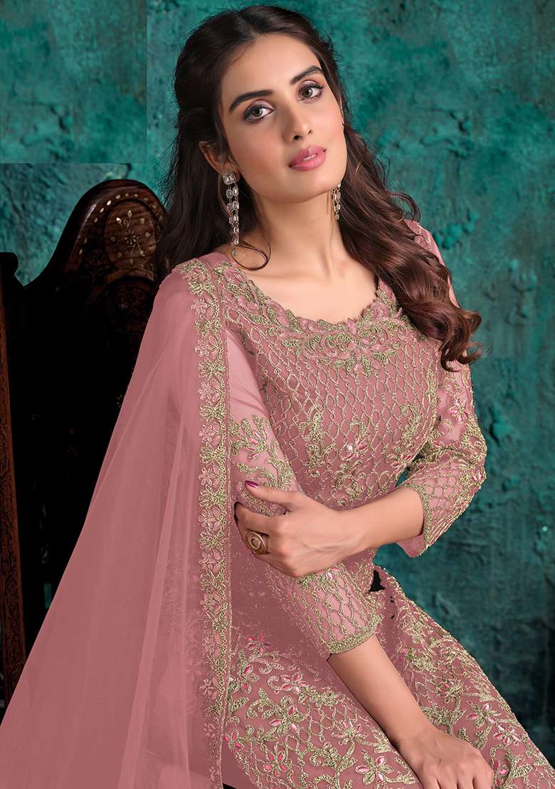 Light Pink Zari Sequin Embroidered Net Kurta Set - Indya