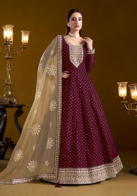 Purple Embroidered Chanderi Anarkali Kurta Set