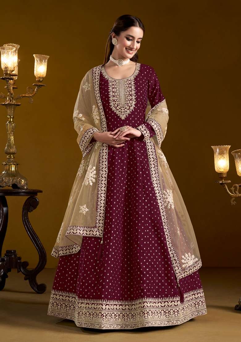 Purple Embroidered Chanderi Anarkali Set - Indya