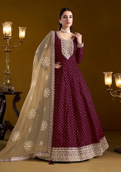 Purple Embroidered Chanderi Anarkali Kurta Set