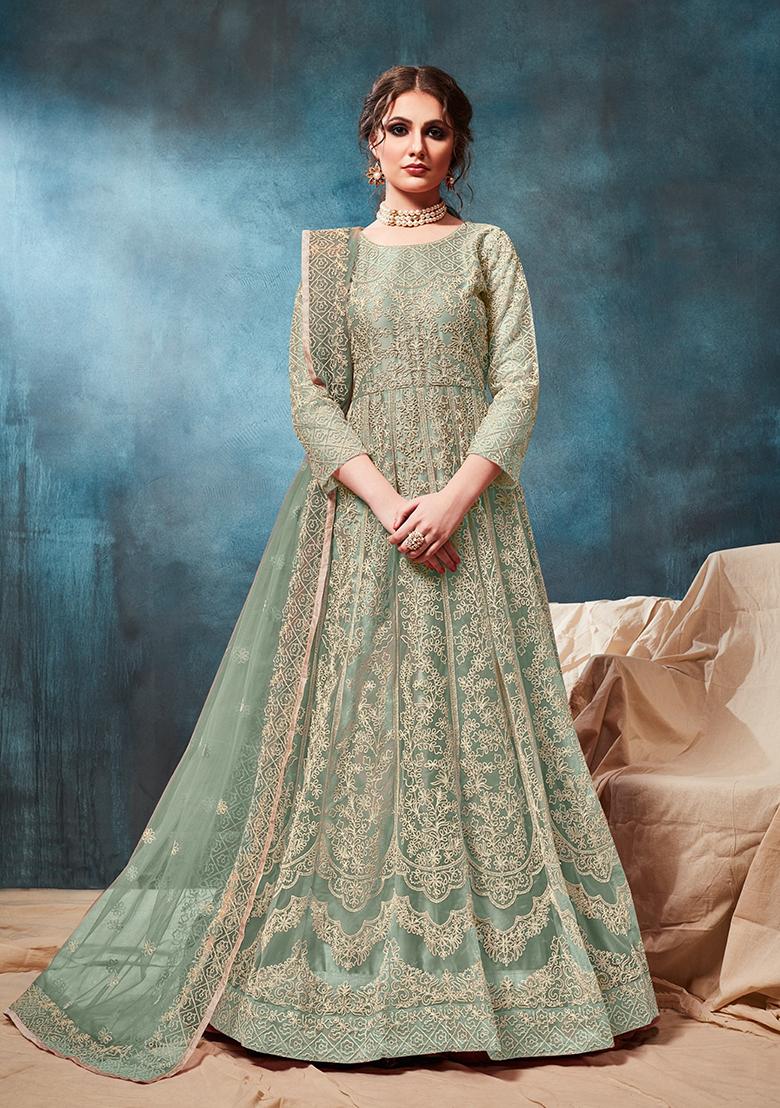 Light Green Embroidered Net Anarkali Kurta Set