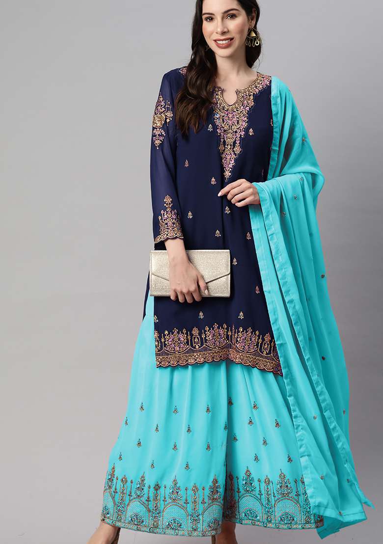 Blue Sequin Thread Embroidered Georgette Sharara Set - Indya