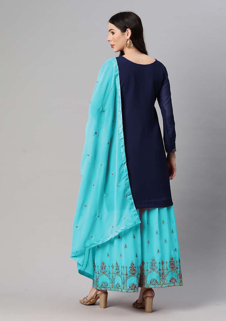 Blue Sequin Thread Embroidered Georgette Sharara Set - Indya