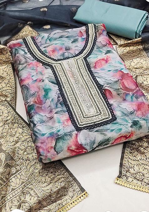 Blue Floral Print Poly Blend Kurta Set