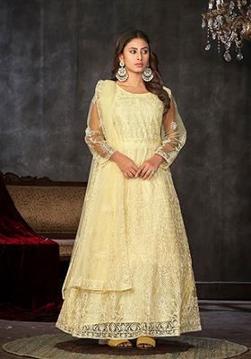 Light Yellow Embroidered Net Kurta Set