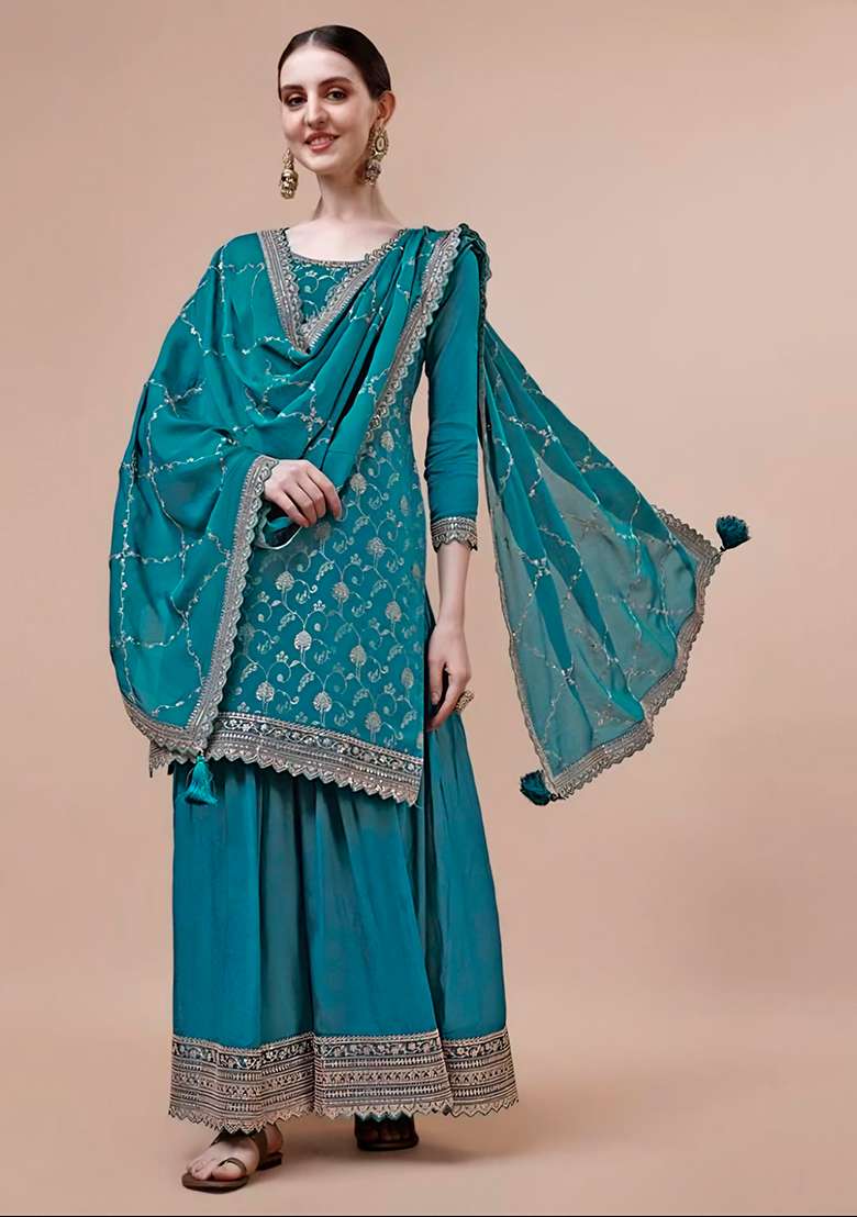 Sky Blue Zari Sequin Embroidered Chinon Jacquard Palazzo Set - Indya