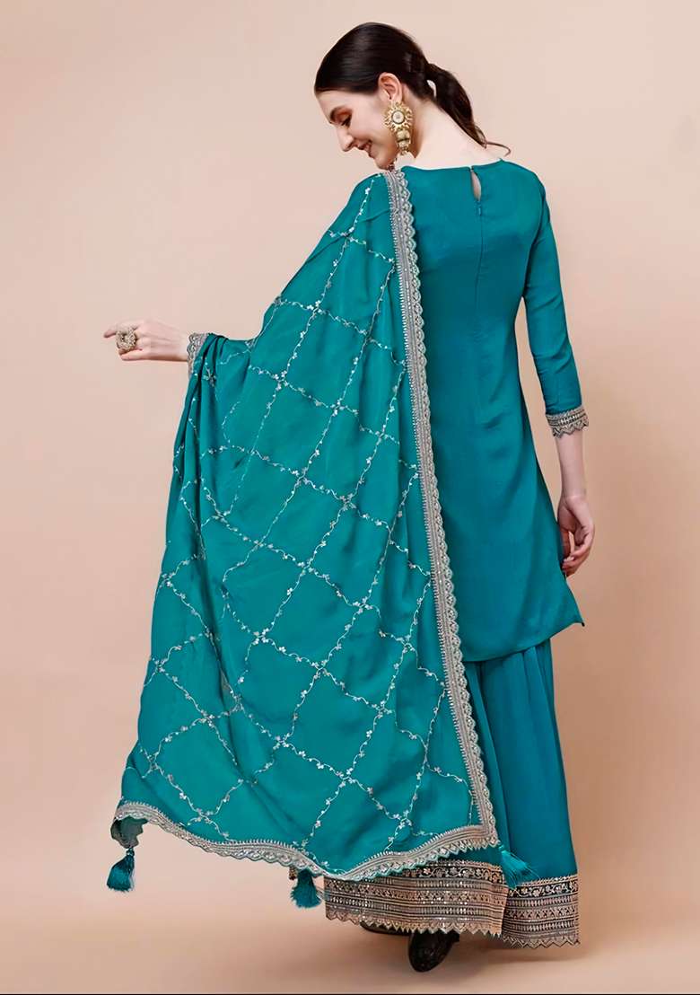Sky Blue Zari Sequin Embroidered Chinon Jacquard Palazzo Set - Indya