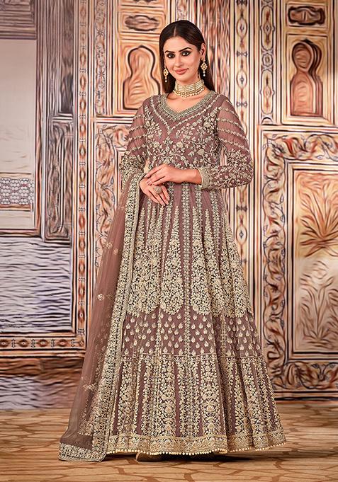 Light Brown Embroidered Net Anarkali Kurta Set