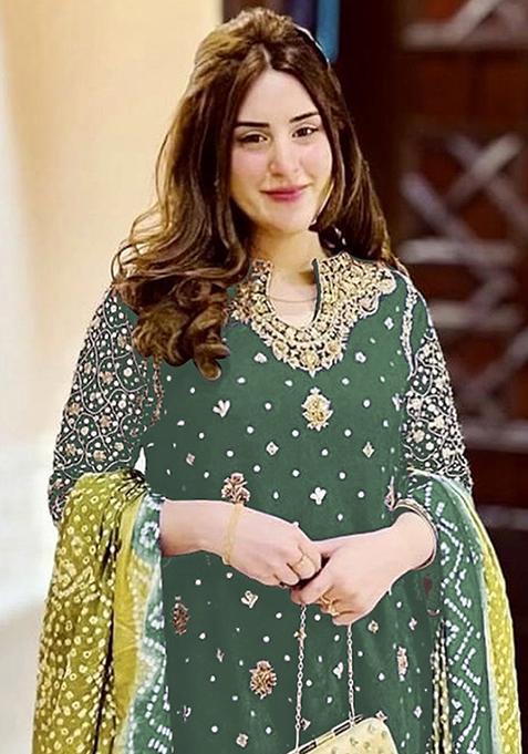 Elegant Olive Green Embroidered Faux Georgette Kurta Set With Sharara & Dupatta