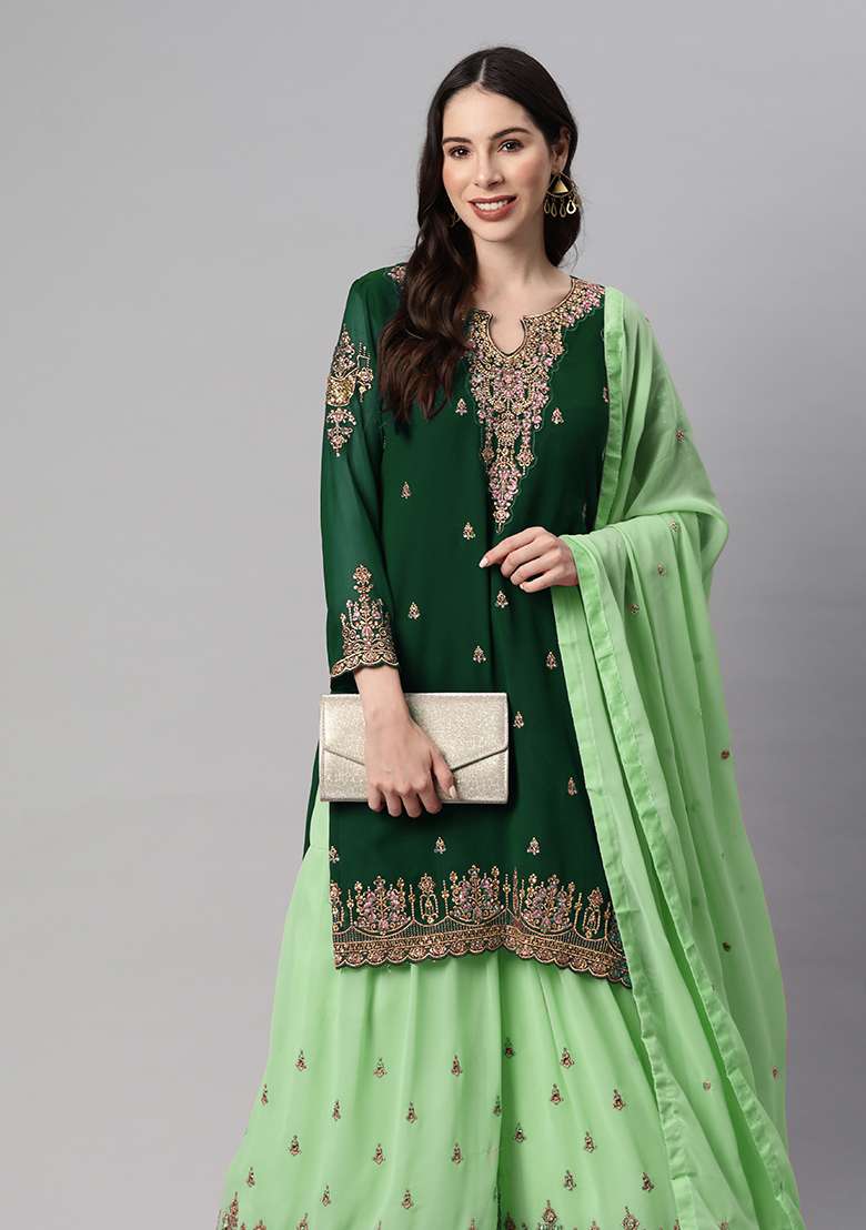 Green Sequin Thread Embroidered Georgette Sharara Set - Indya