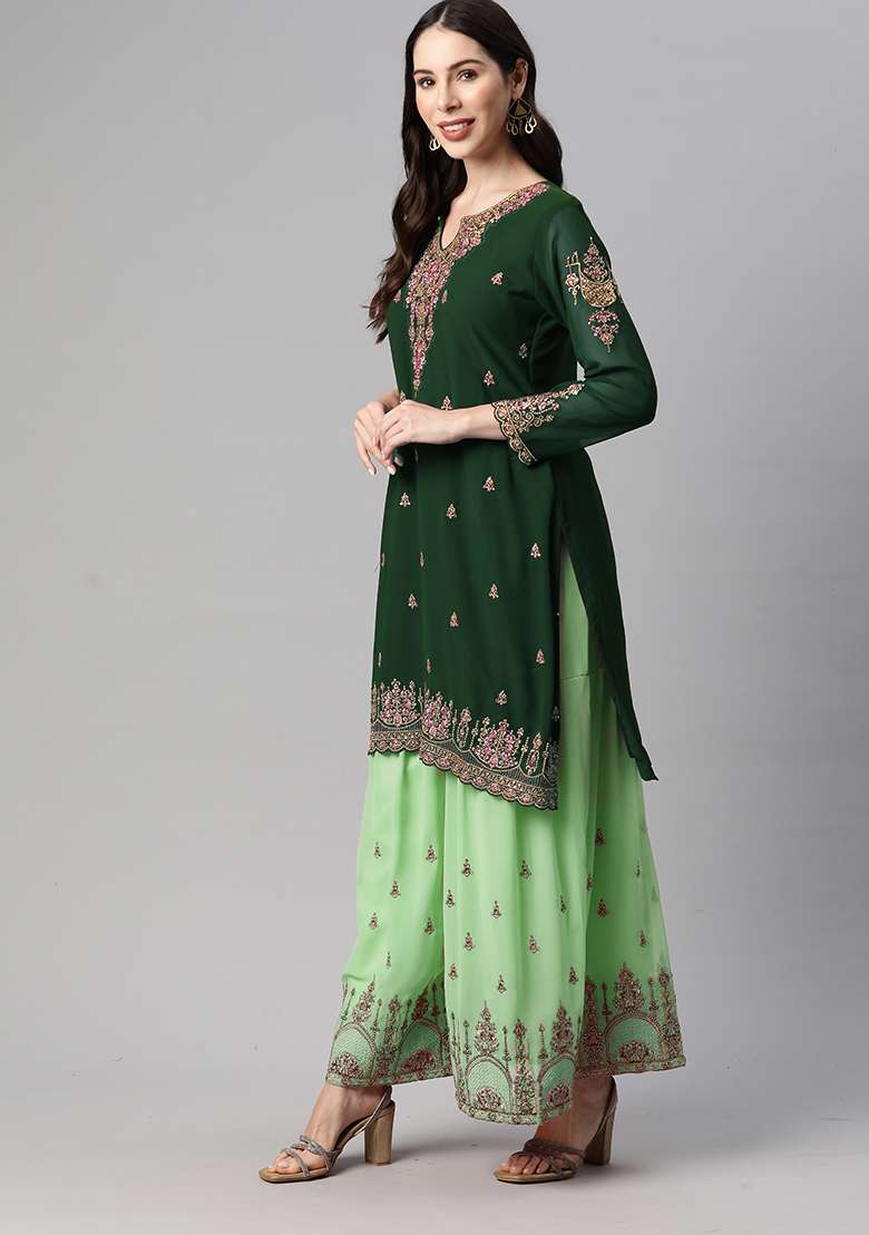 Green Sequin Thread Embroidered Georgette Sharara Set - Indya