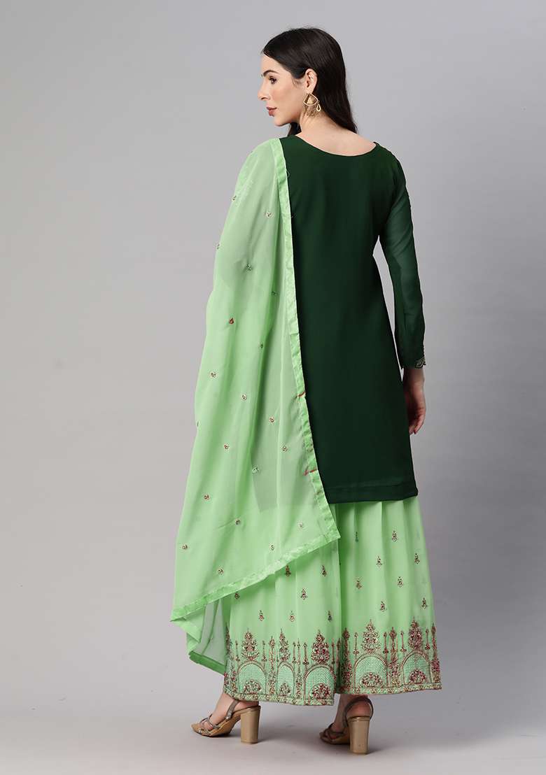 Green Sequin Thread Embroidered Georgette Sharara Set - Indya