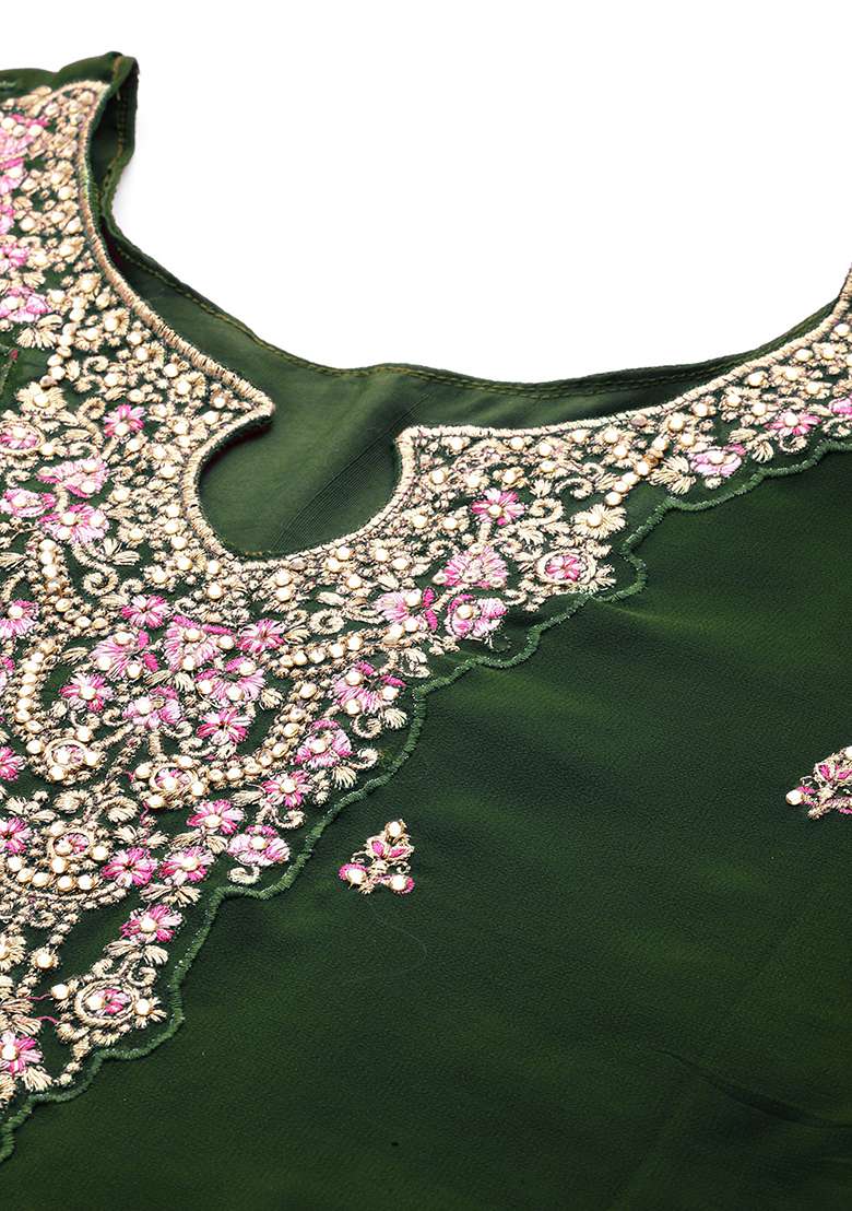 Green Sequin Thread Embroidered Georgette Sharara Set - Indya