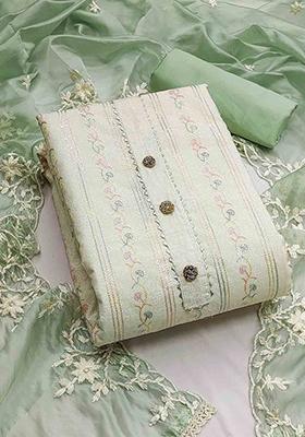 Off White Floral Embroidered Poly Blend Kurta Set