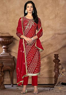 Red Bandhani Print Poly Blend Kurta Set