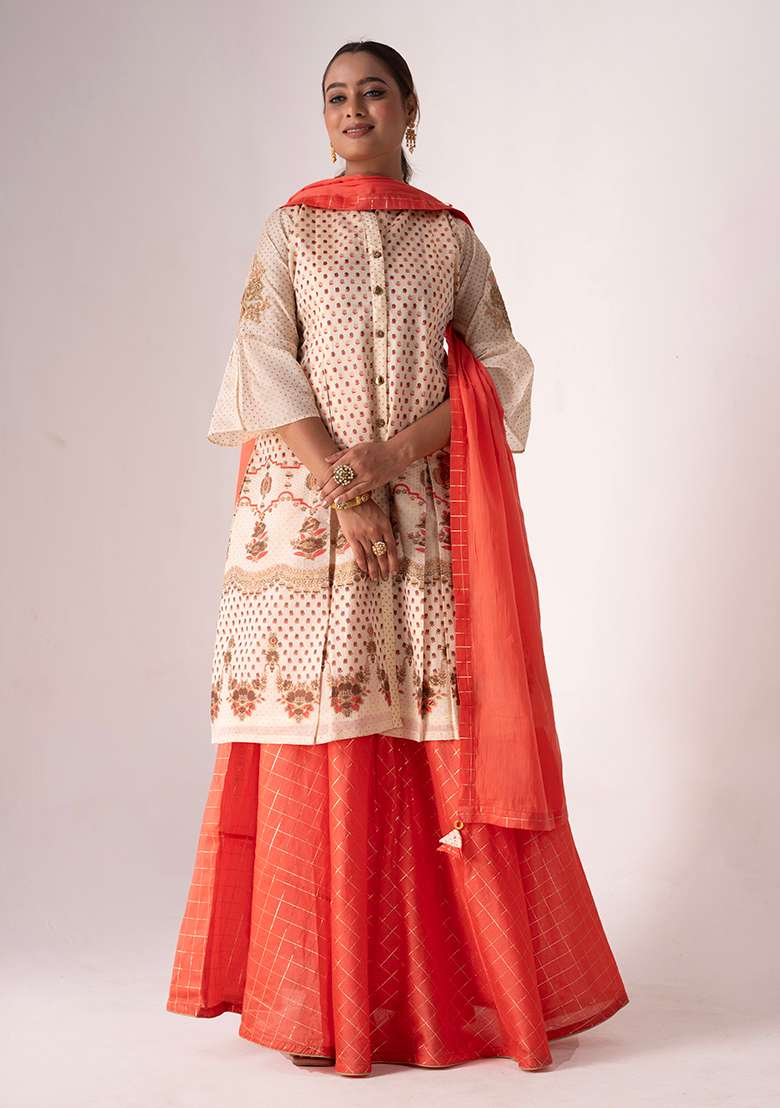 Cream Resham Embroidered Art Silk Kurta Set - Indya