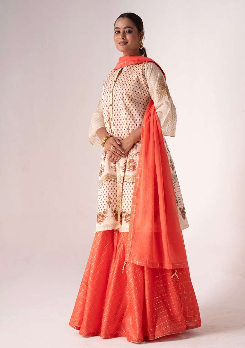 Cream Resham Embroidered Art Silk Kurta Set - Indya
