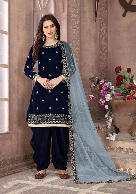 Navy Blue Embroidered Pure Velvet Kurta Set