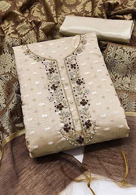 Beige Embellished Poly Blend Kurta Set