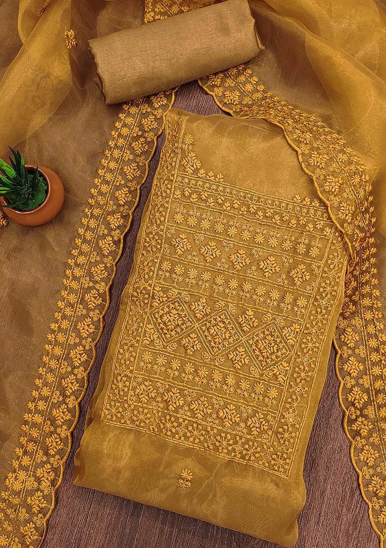 Mustard Embellished Organza Kurta Set - Indya