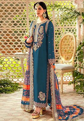 Navy Blue Embroidered Faux Georgette Kurta Set