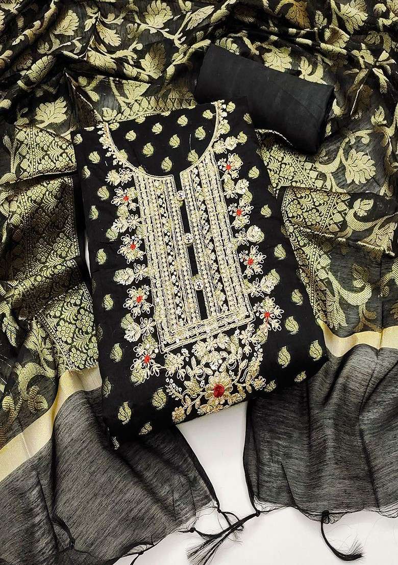 Black Sequin Embroidered Cotton Kurta Set - Indya