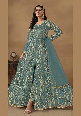 Sky Blue Embroidered Pure Net Anarkali Kurta Set