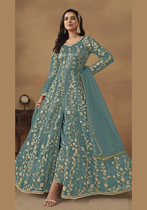 Sky Blue Embroidered Pure Net Anarkali Kurta Set