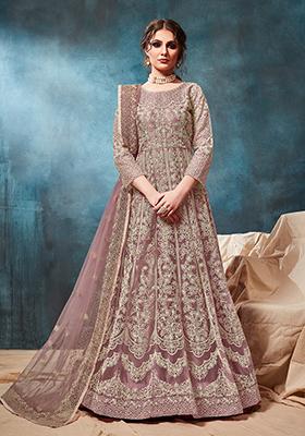 Light Brown Embroidered Net Anarkali Kurta Set