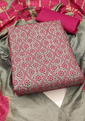 Grey Floral Embroidered Poly Blend Kurta Set