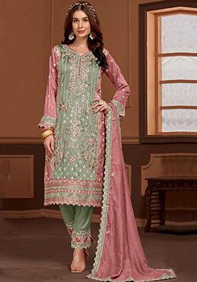Sea Green Embroidered Silk Kurta Set