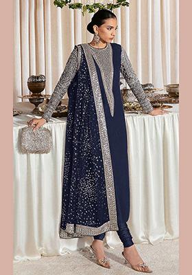 Navy Blue Embroidered Faux Georgette Kurta Set