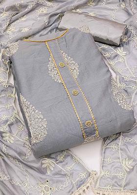 Grey Ethnic Motifs Embroidered Poly Blend Kurta Set