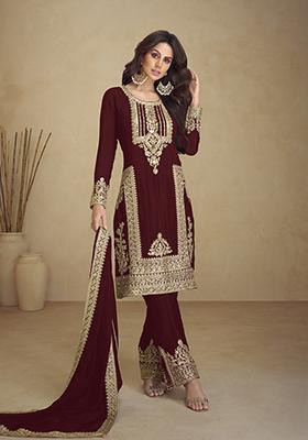 Maroon Embroidered Faux Georgette Kurta Set