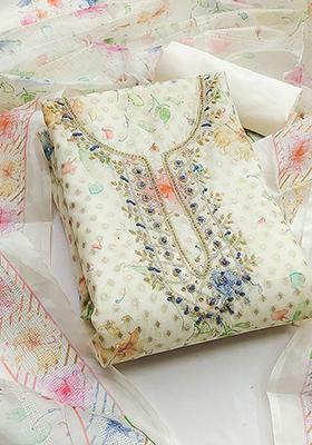 Off White Embellished Poly Blend Kurta Set