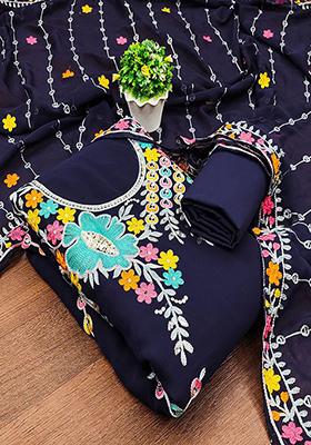 Blue Floral Sequin Embroidered Cotton Kurta Set