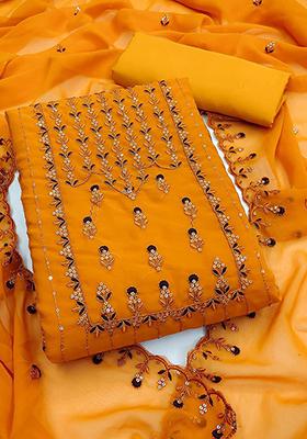 Yellow Floral Embroidered Poly Blend Kurta Set