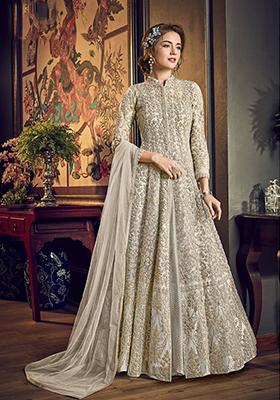 Off White Embroidered Net Anarkali Kurta Set